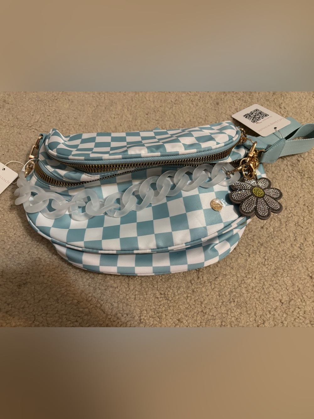 Checkerboard Crossbody Bag with Flower Charm - Light Blue & White